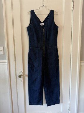 DU/ER Performance Denim Jumpsuit Womens Medium Jean Zip Up Cropped Dark Blue